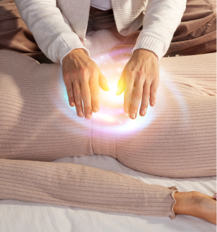 Un homme tient la main d'une femme allongée sur un lit, illustrant un moment de tendresse et de connexion.